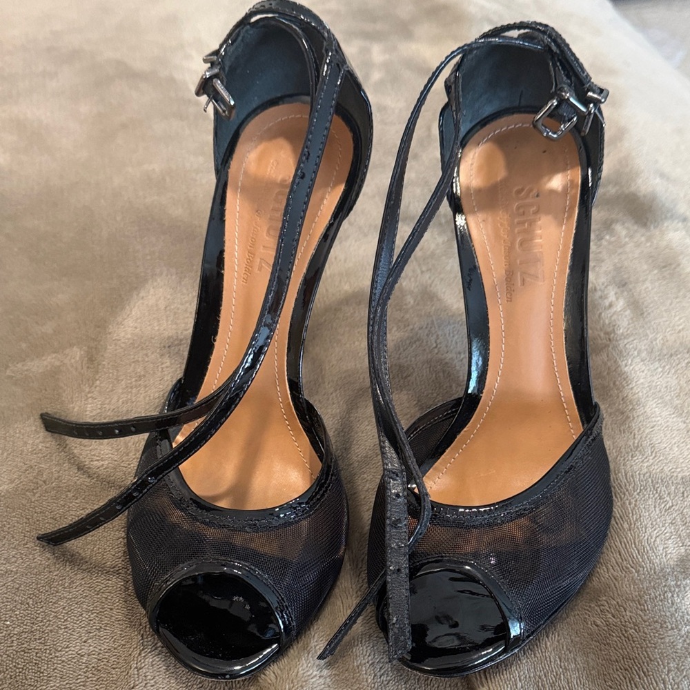 SCHUTZ Black Mesh Peep Toe Heels